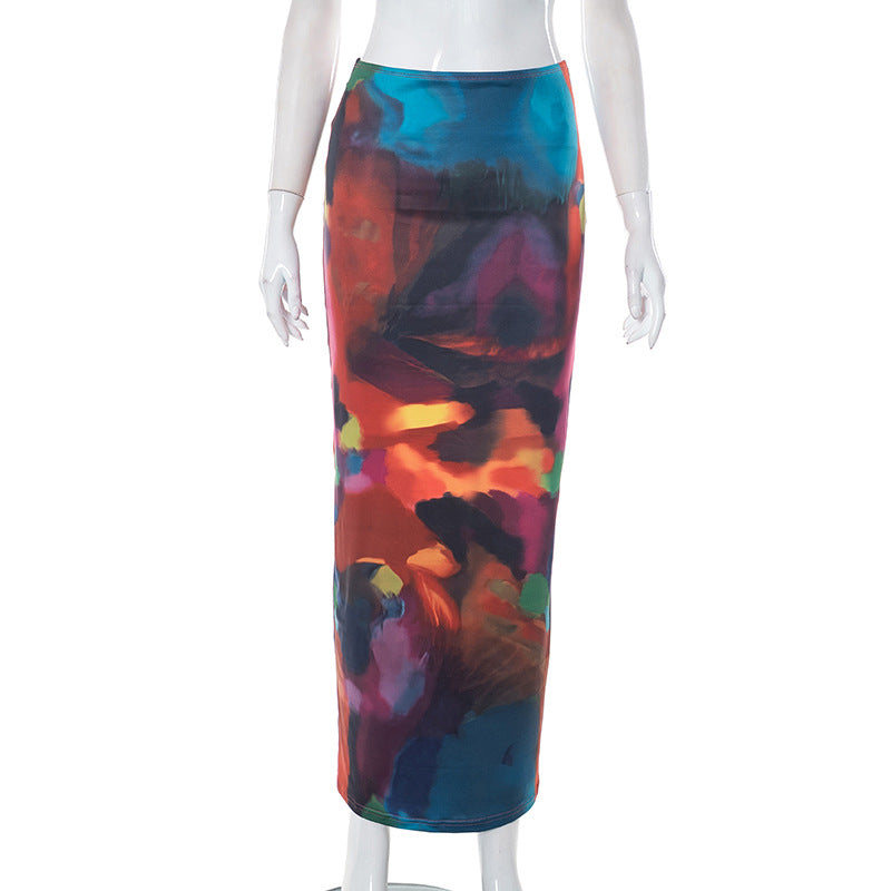 Women's Summer Casual Painted Print Slim Bodycon Maxi Skirt 10