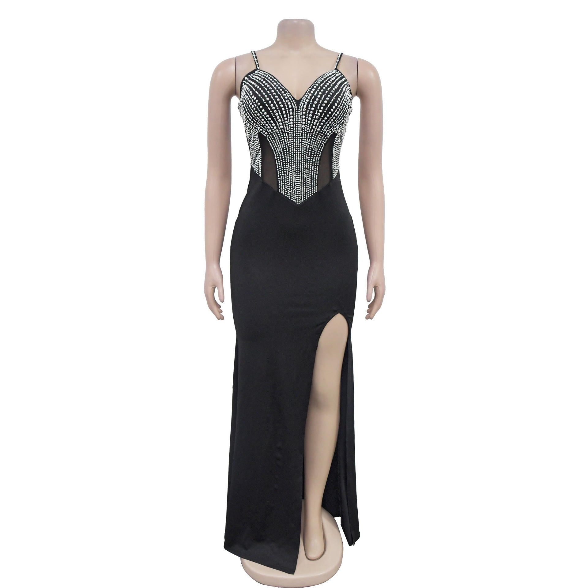 Fashionable Women's Strap V-Neck Beaded Slit Long Dress 17