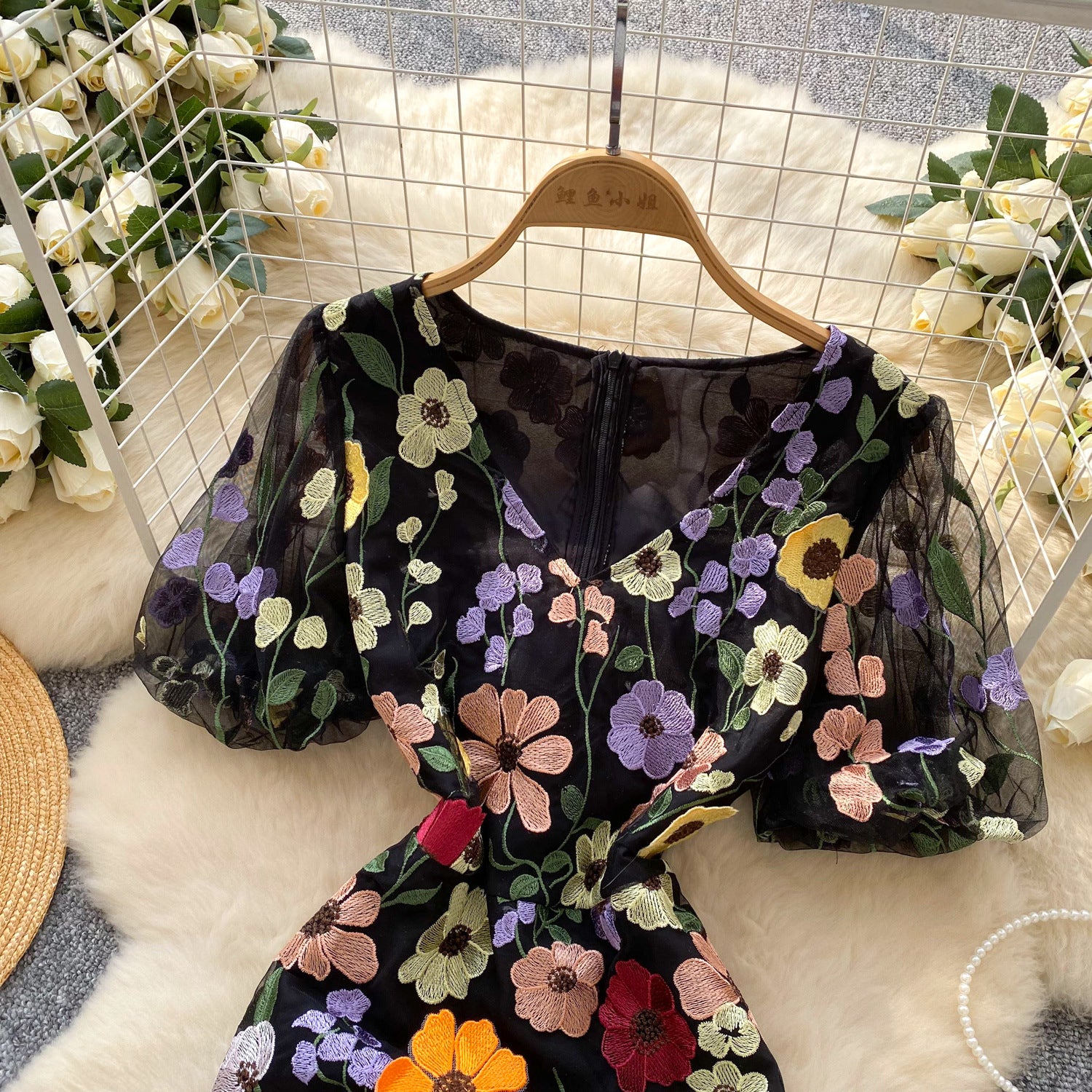 Women's  Luxury Embroidery Mesh Puff Sleeve Slim Waist Short Chic Dress 15