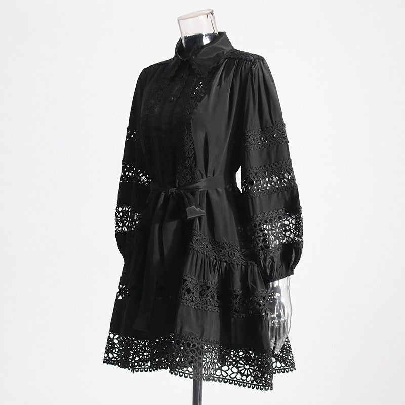 Women's Summer Chic Long Sleeve Hollow Belt Slim Waist Short Dress 16