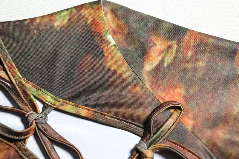 Fashion Printed Retro Long Sleeve Round Neck Hollow Lace-Up Bodycon Women's Dress 13