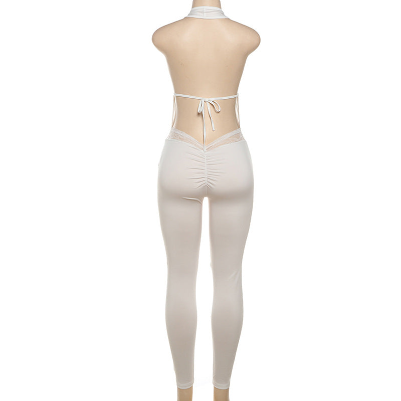 Women Summer Sexy Halter Neck V-neck Backless Lace Hollow Jumpsuit 6