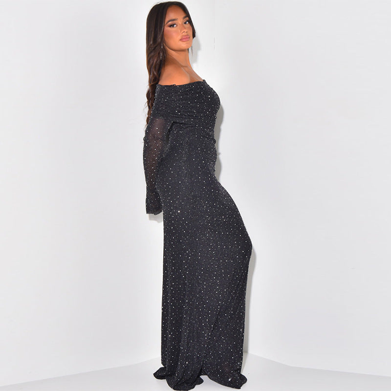 Autumn And Winter Sexy Chic Slim Sequin Off Shoulder Long Dress 6