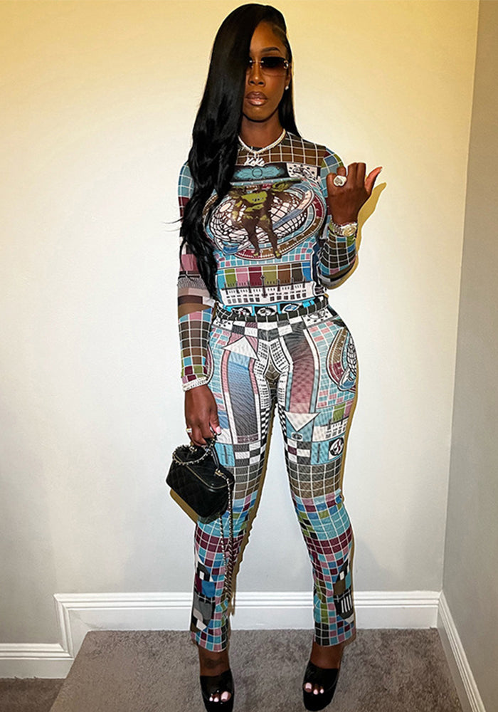 Autumn street trend Tight Fitting print Crop long sleeve top trousers two piece set