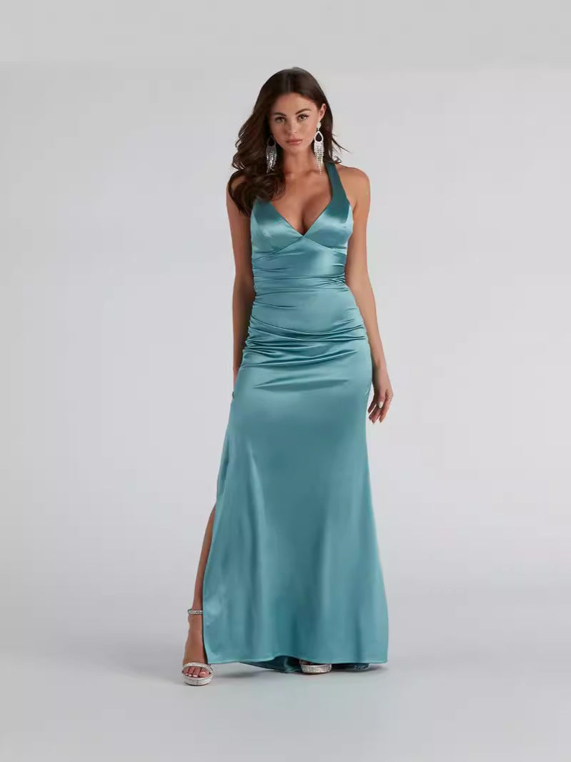 Women Black Formal Party Elegant Satin Strap Dress 5