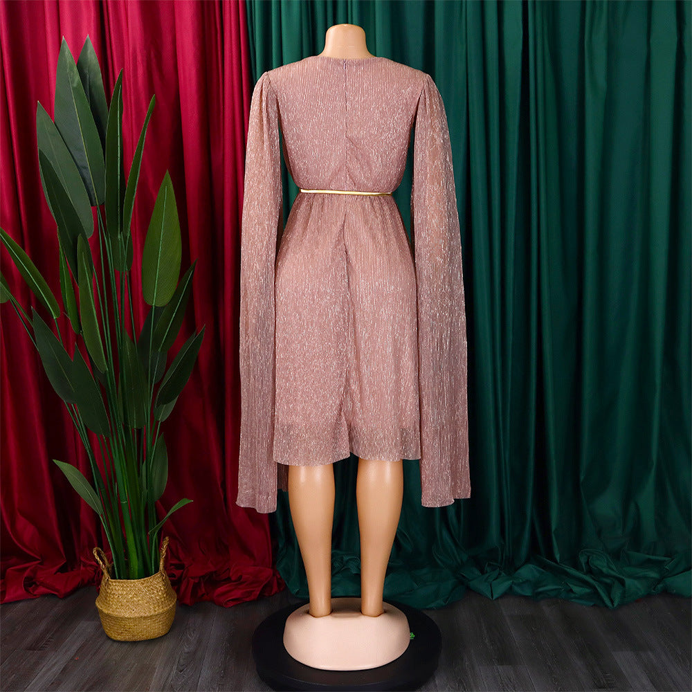 Belted V-Neck Chic Long Sleeve Cape Slim Waist Gown Dress 23