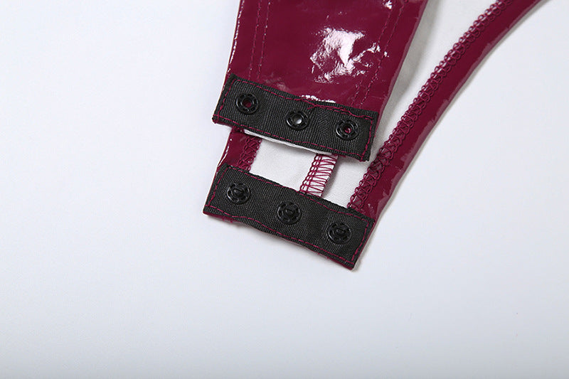 Women Sexy Pu Leather Halter Neck Backless Suspender Zipper Top and Pants Two-Piece Set 14