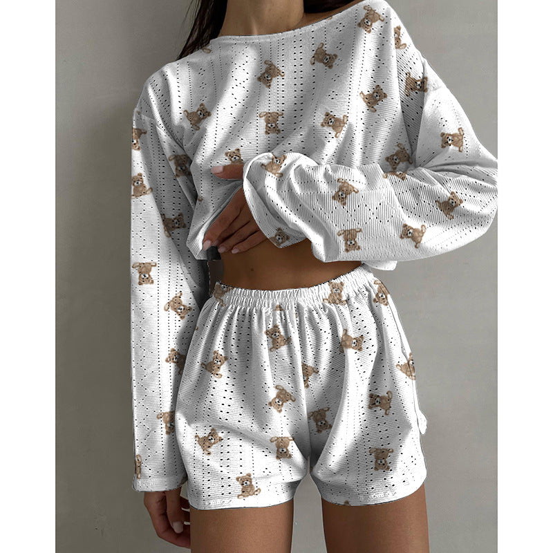 Women's Pajama-Style Two Piece Set Fashionable Slim/Loose Pullover Top & Shorts