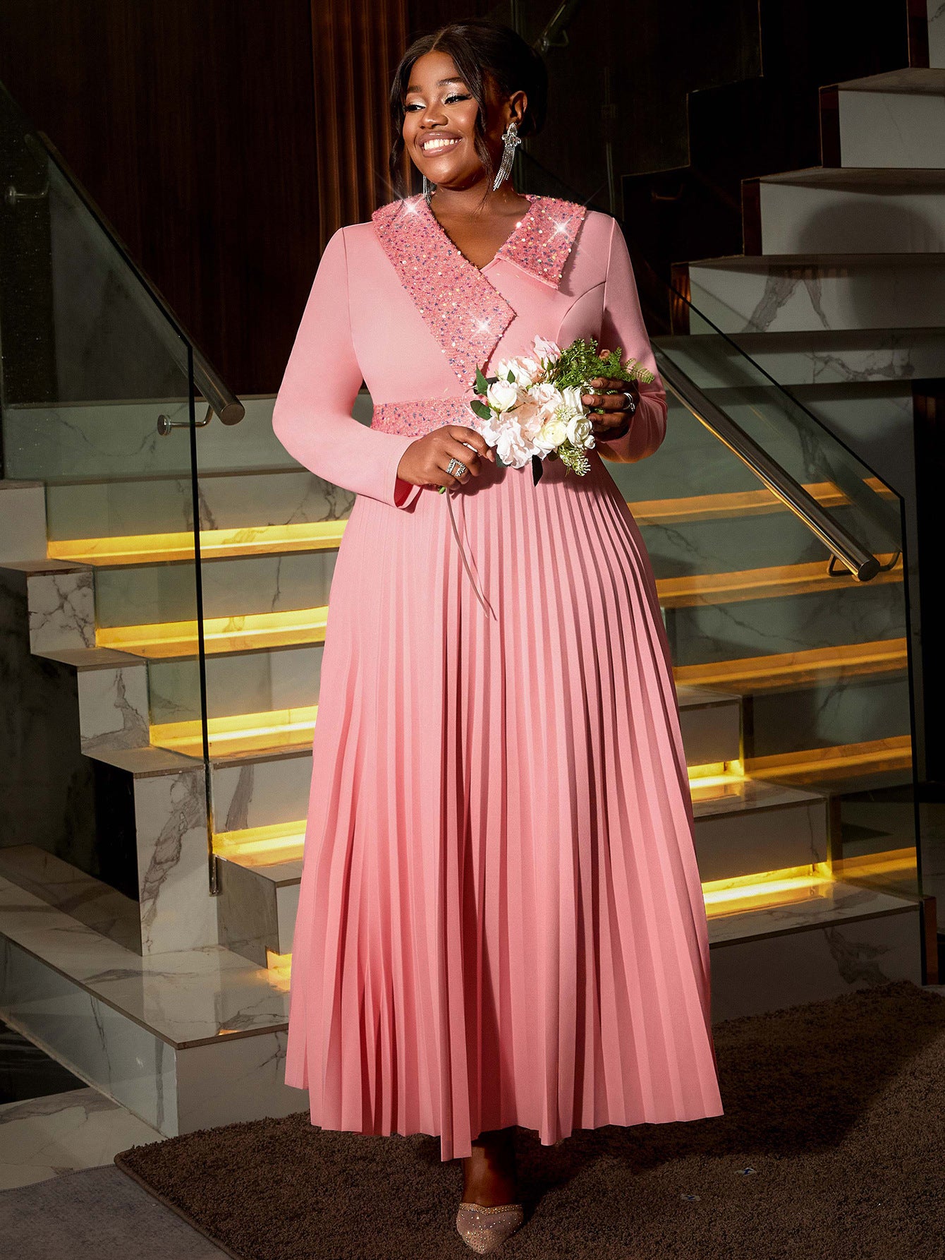 Women pink sequined v-neck pleated party dress 7