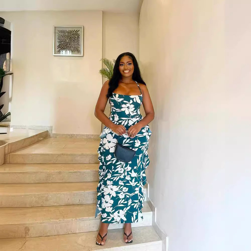 Women Sexy Printed Suspender Backless Strappy Top and Skirt Two-piece Set 6