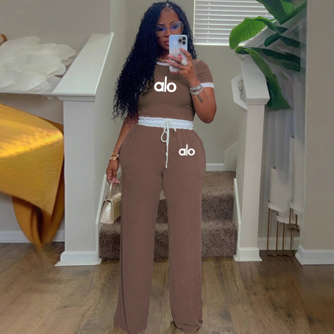 Women's Casual Street Rib Contrast Round Neck Short-Sleeve Two-Piece Pants Set