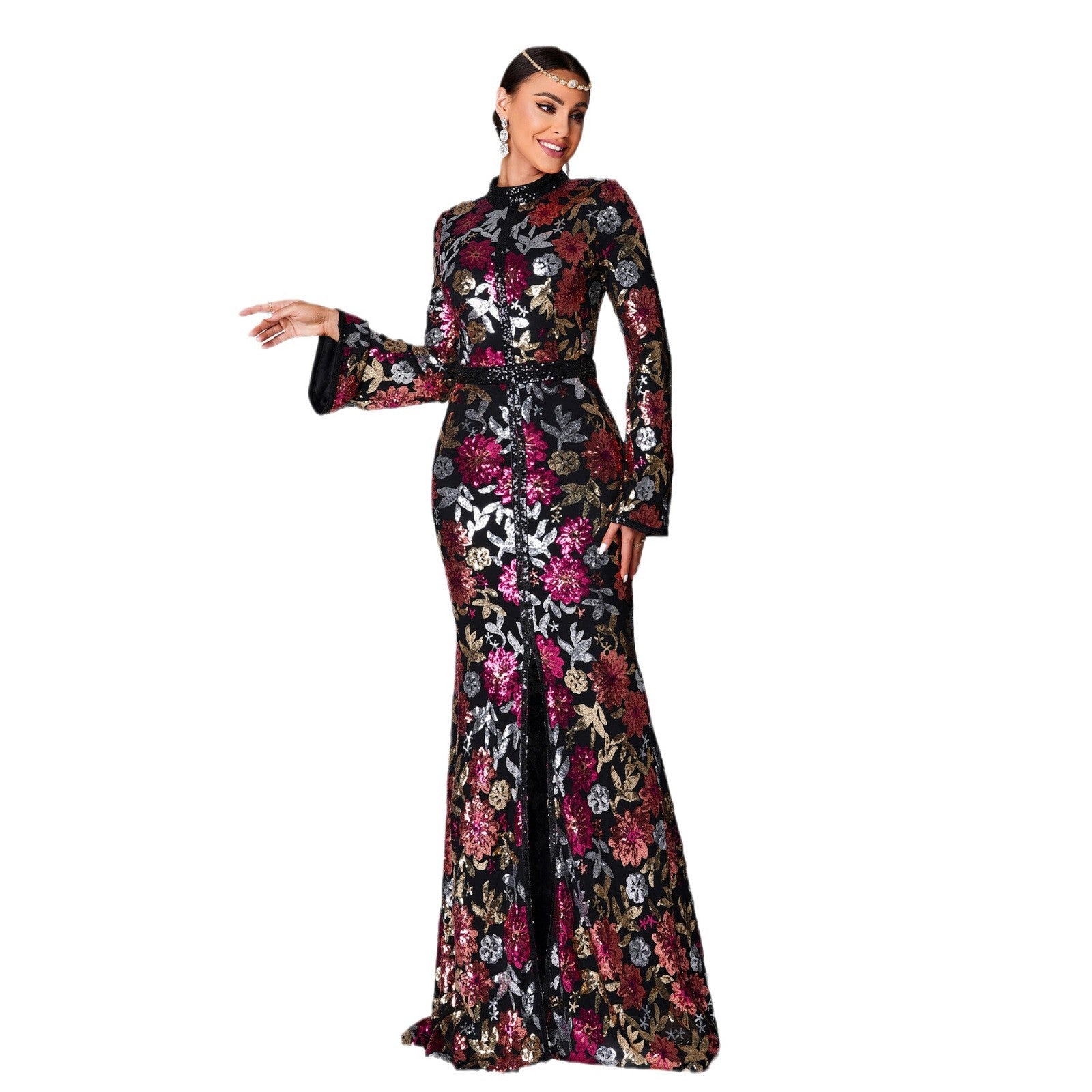 Women long sleeve Round Neck Formal Party sequined fishtail evening dress 6