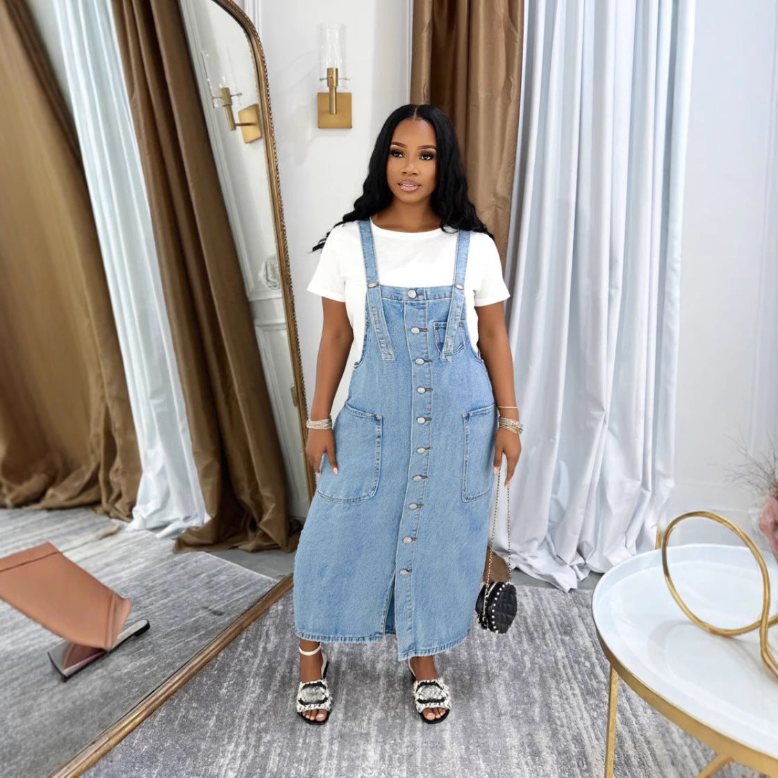 Women's Single Breasted Strapped Denim Long Dress 4