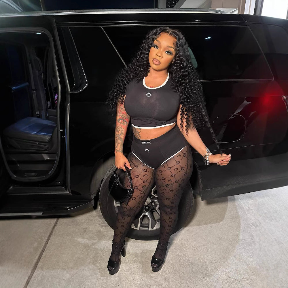 Black And White Patchwork Round Neck Moon Print Tight Fitting Two Piece Shorts Set 5