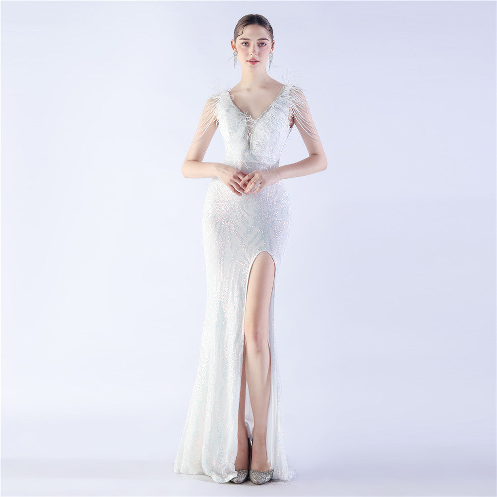 Elegant Feather And Beaded Long Sequined Evening Dress 14