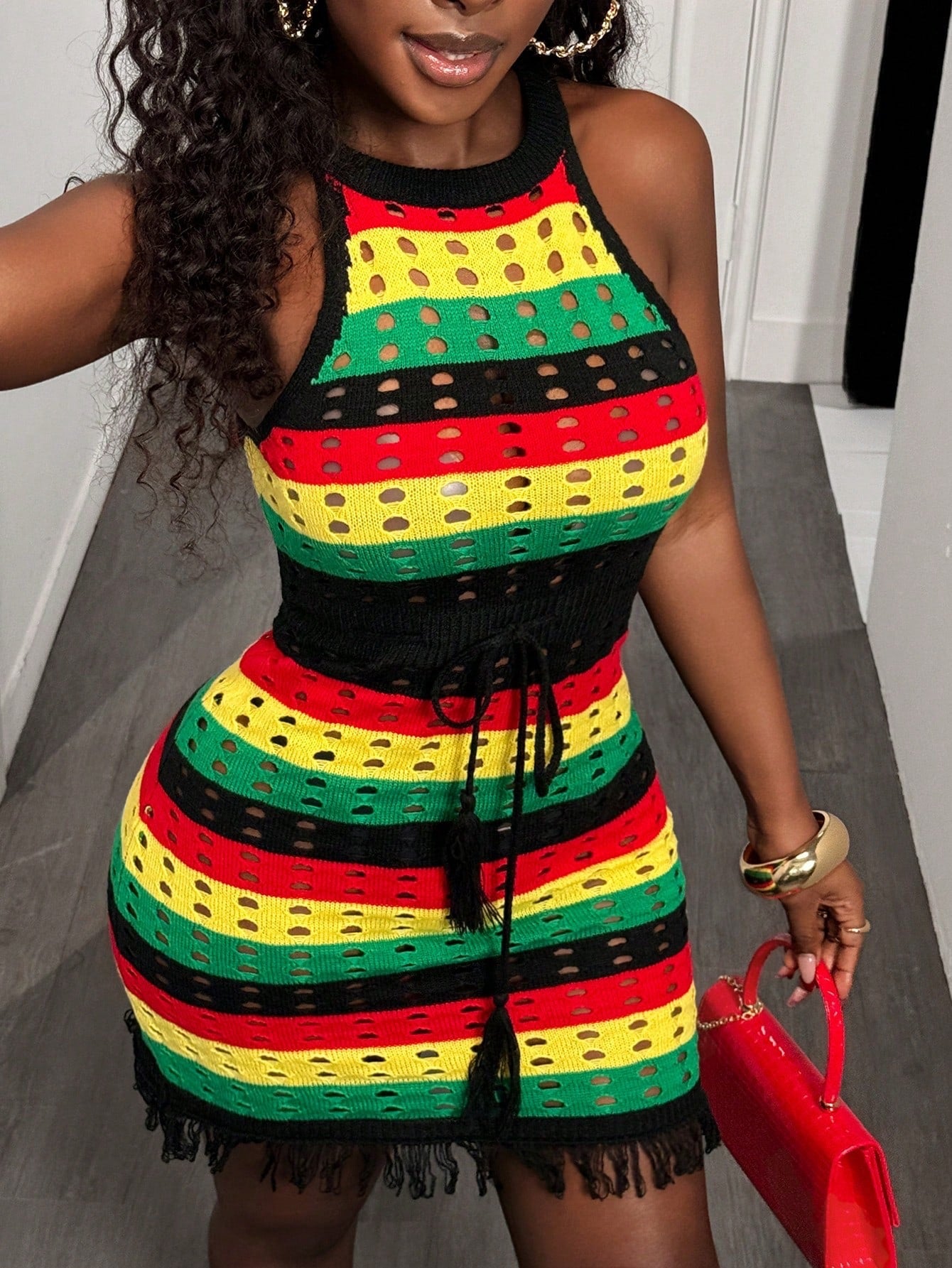 Women Striped Contrast Color Hollow Drawstring Bodycon Tassel Dress 7