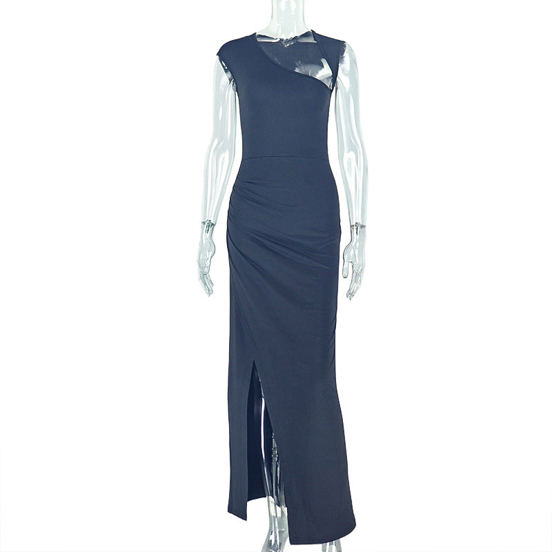 Women's Elegant Chic Solid Pleated Slit Slash Shoulder Long Dress 6