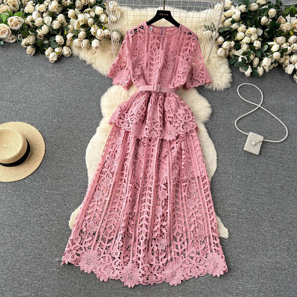 Women French-Style Short-Sleeved Openwork Lace Dress 8