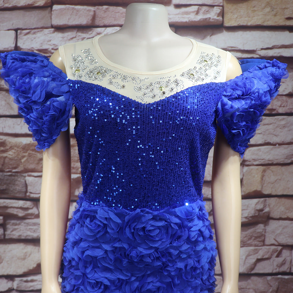 African Women's Dress Luxury Embroidery Off Shoulder Mesh Beaded Belted Evening Dress 21