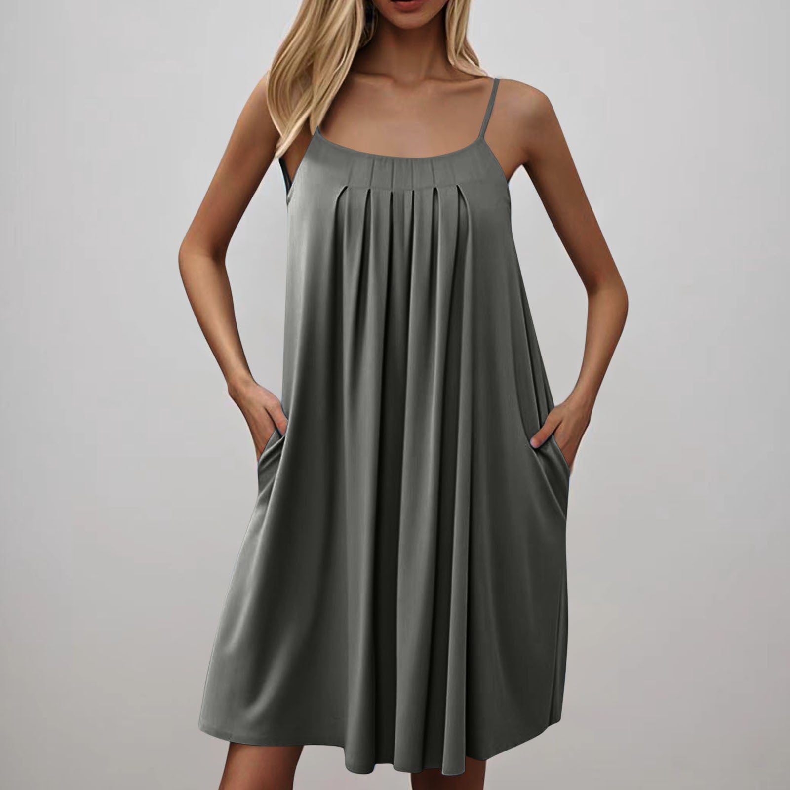 Women's Spring & Summer U-Neck Solid Color Pocket Strap Casual Dress 13