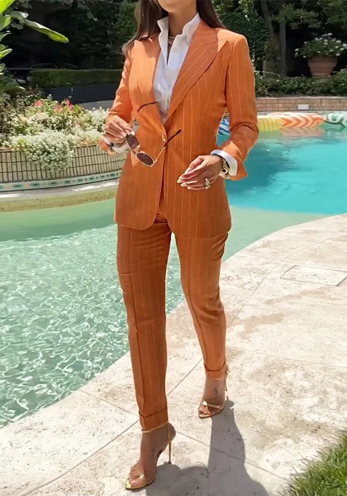 Women Turndown Collar Long-Sleeved Striped Solid Blazer and Pant Two-Piece Set