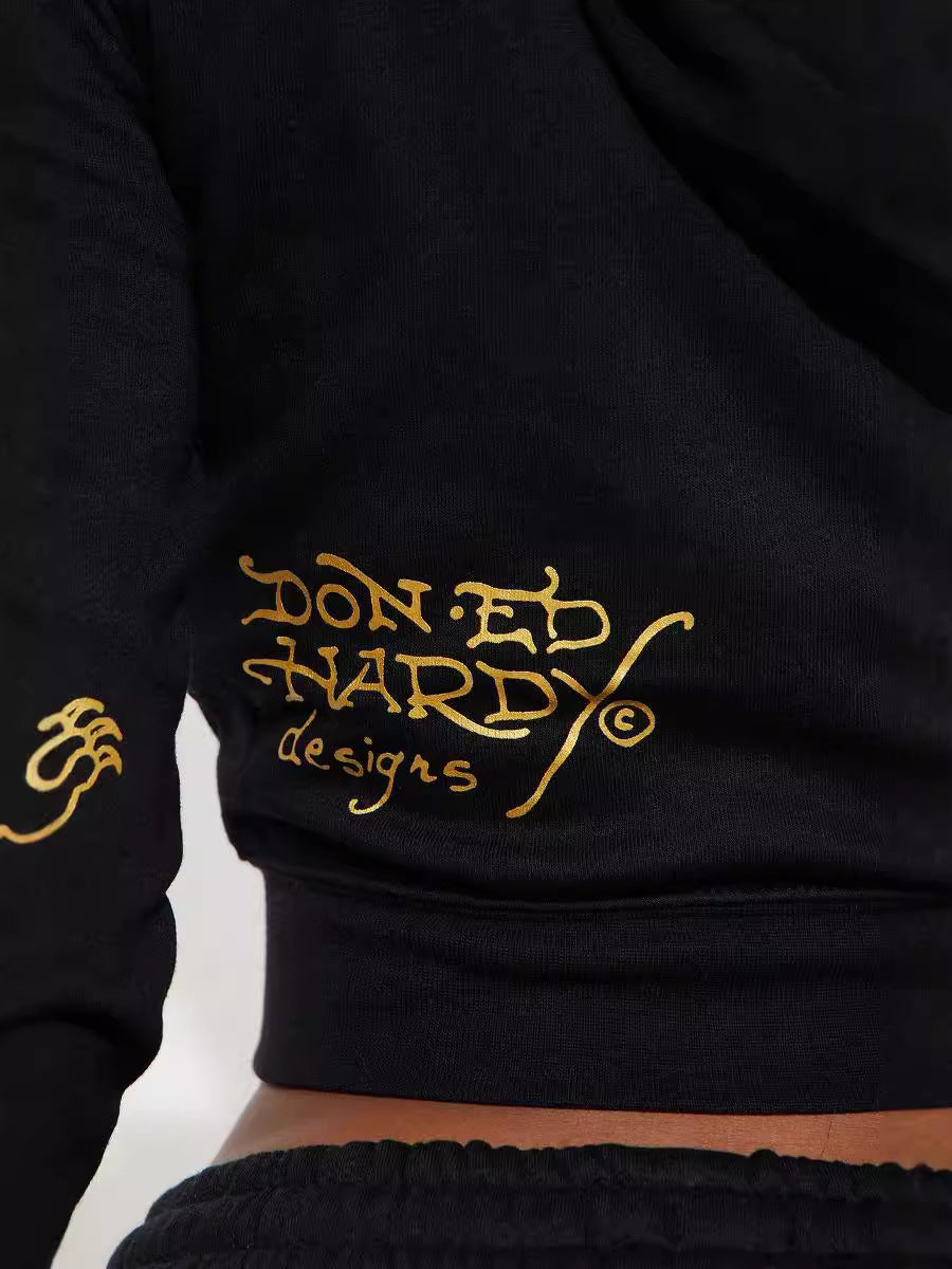 Women street casual print zipper hooded Print Top and Pants two-piece set 8