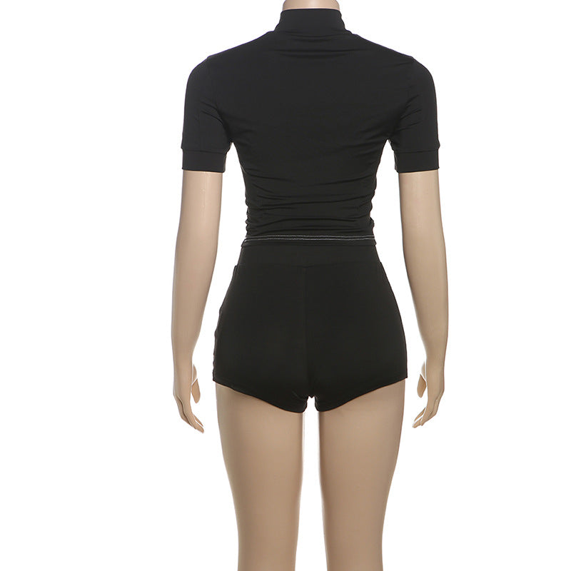 Fashionable Stand Collar Slim Fit Fitness Top & Shorts for Casual Sports Set 13