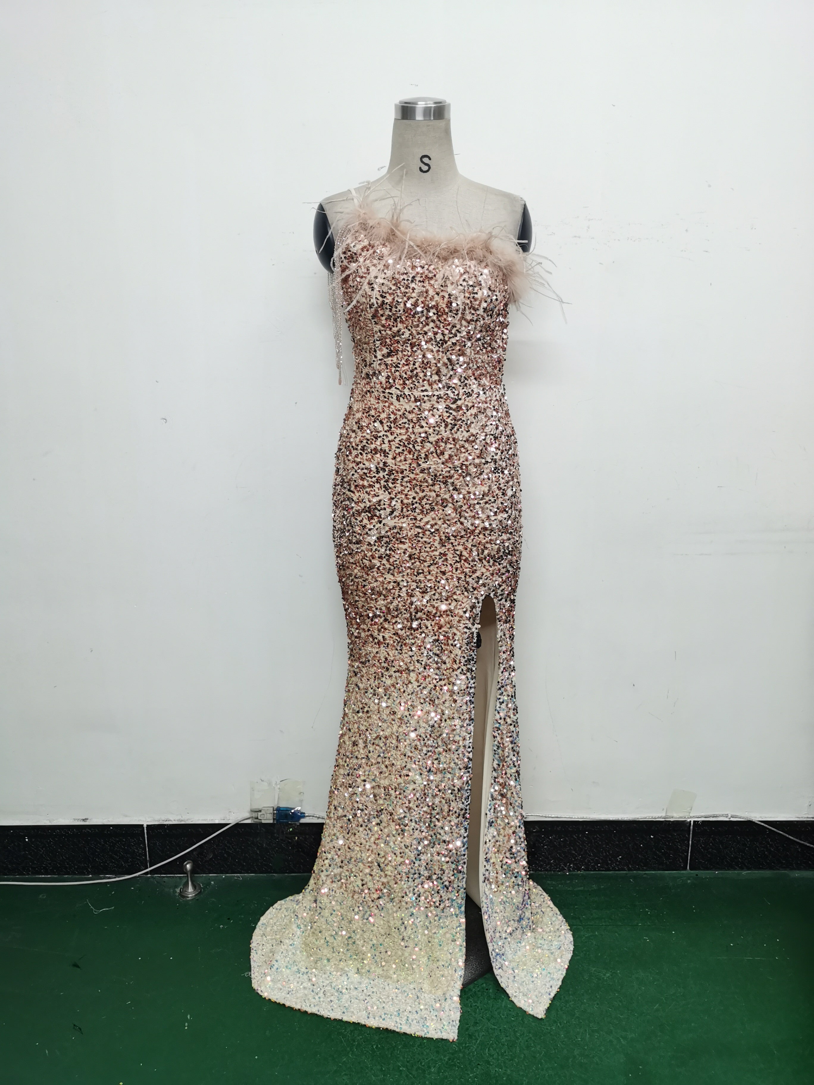 Women Ostrich Feather Beaded Sequin One Shoulder Slash Shoulder Slit Evening Dress 21