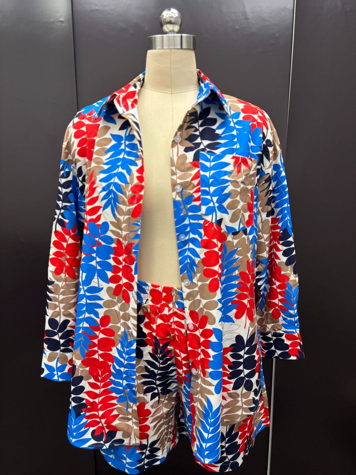 Fall Women Print Long Sleeve Shirt Shorts Women Two-Piece Set 12