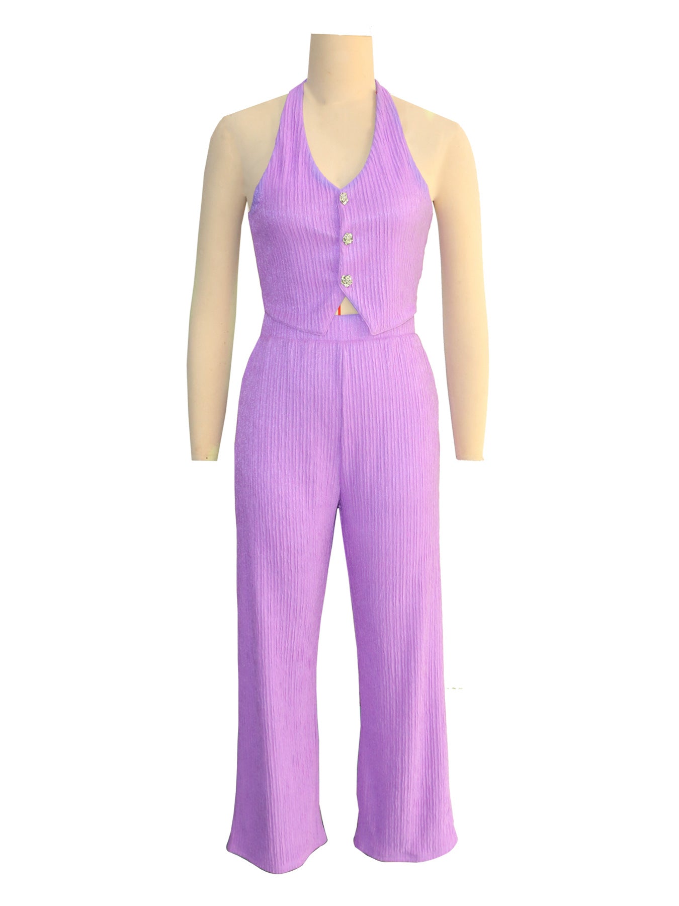 Women Halter Neck Crop Top and Wide Leg Pants Two-piece Set 10