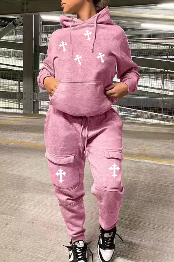 Women Casual Sports Print Hoodies and Pant Two-Piece Set 4