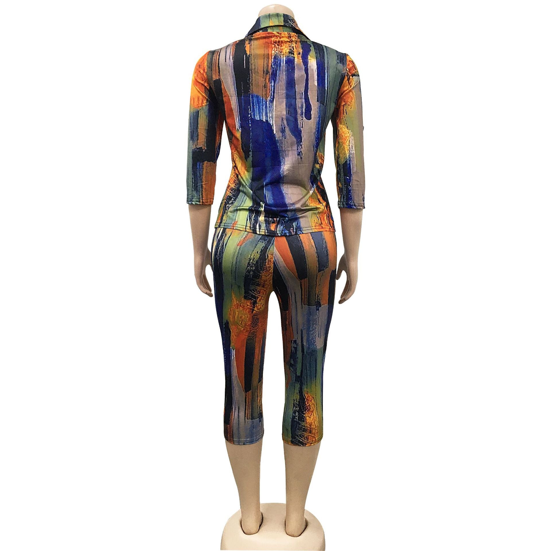 Casual Printed V-Neck Short-Sleeve Shirt Mid-Length Shorts Two-Piece Set 14