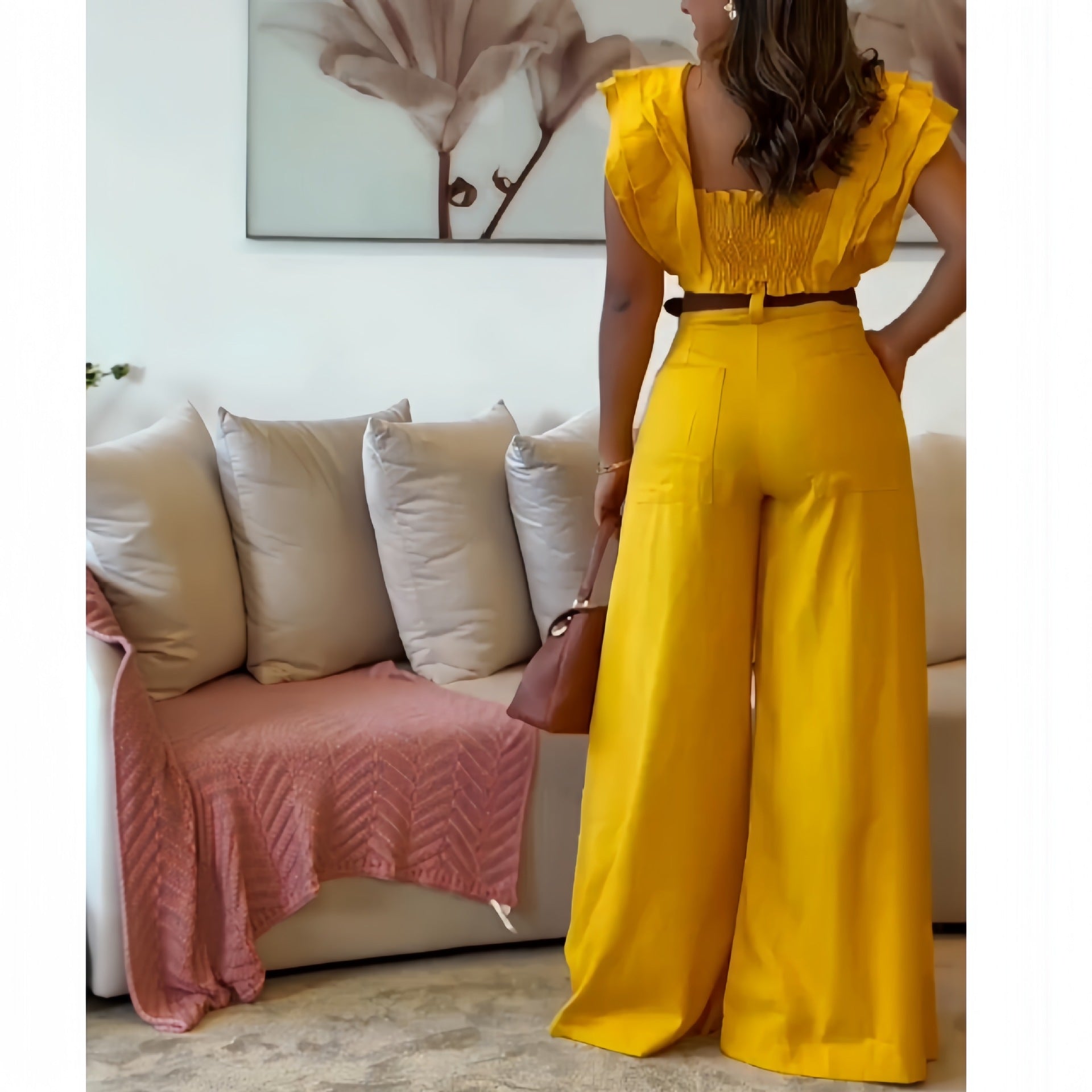 Women's Fashionable Ruffled Short Sleeve Top High Waist Wide Leg Pants Two-Piece Set 5