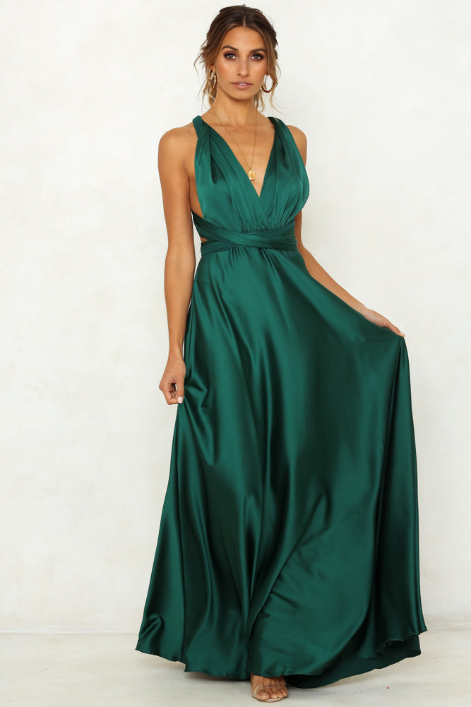 Deep V Neck Sleeveless Lace-Up Sexy Low Back High Waist Swing Satin Gown Women's Dress 10