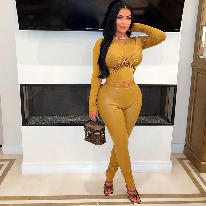 Women long sleeve stretchy pu Leather Top And PantTwo Piece Set 3