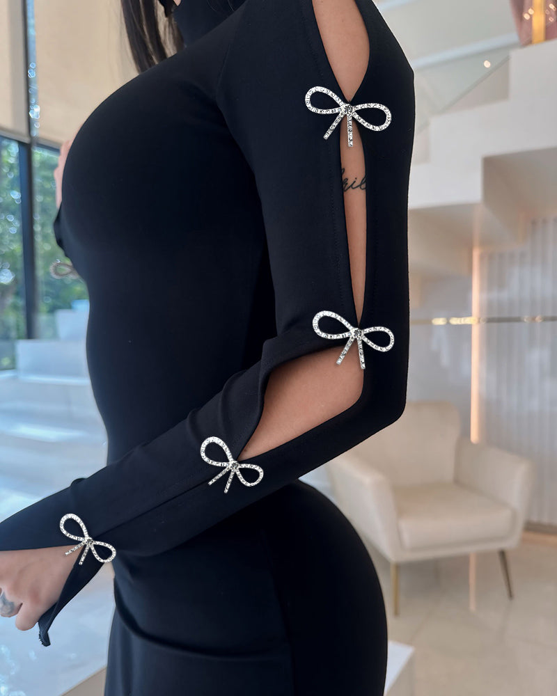 Women Beaded Lace-Up Hollow Long Sleeve Dress