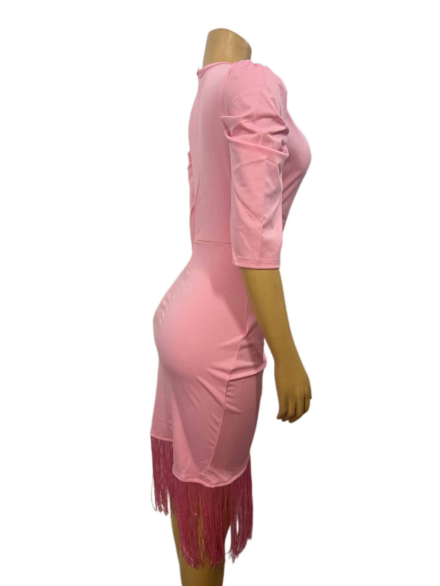 Women solid tassel v-neck sexy bodycon irregular dress 6