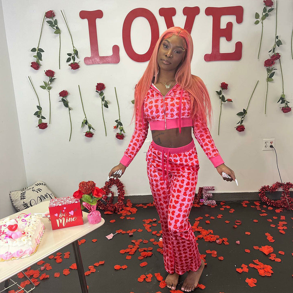 Women Sexy Hooded Printed Zipper Crop Top and Pants Two-piece Set 7