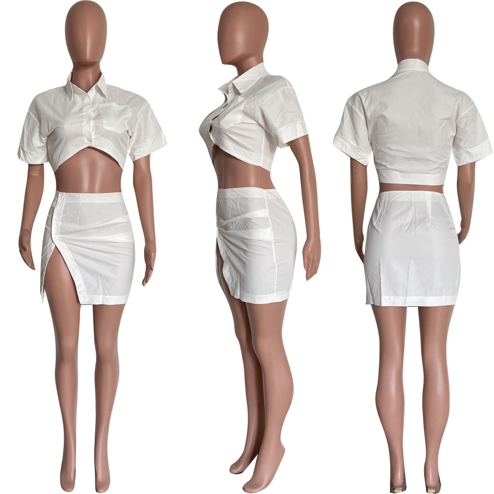 Women's fashion sexy solid color button Crop Shirt split skirt two-piece set 8