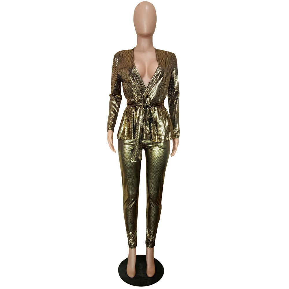 Women'S Slim Fashion Shiny Long Sleeve Suit With Belt 17