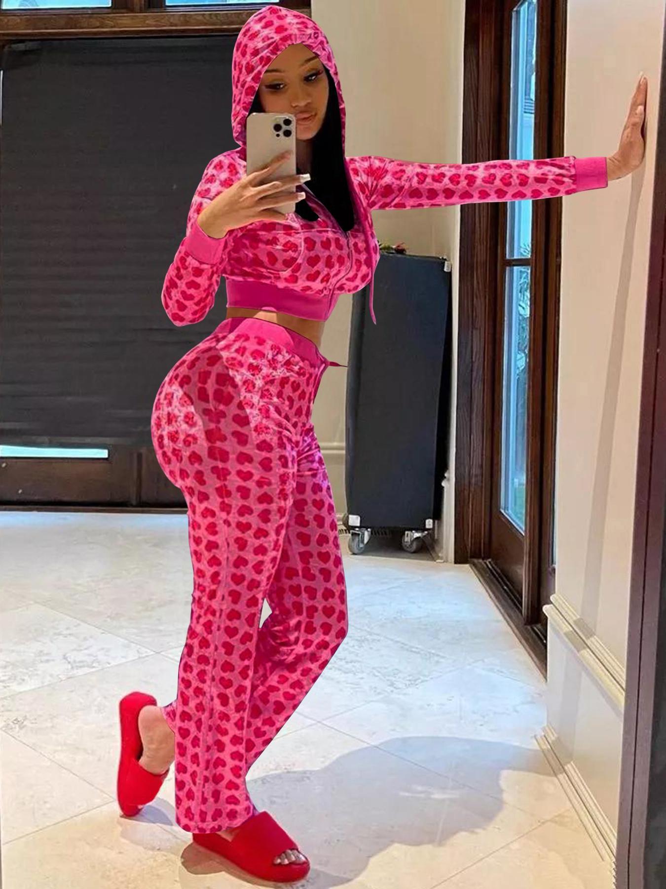 Women's Fashion Casual Velvet Valentine's Day Heart Print Two-Piece Pants Set 6