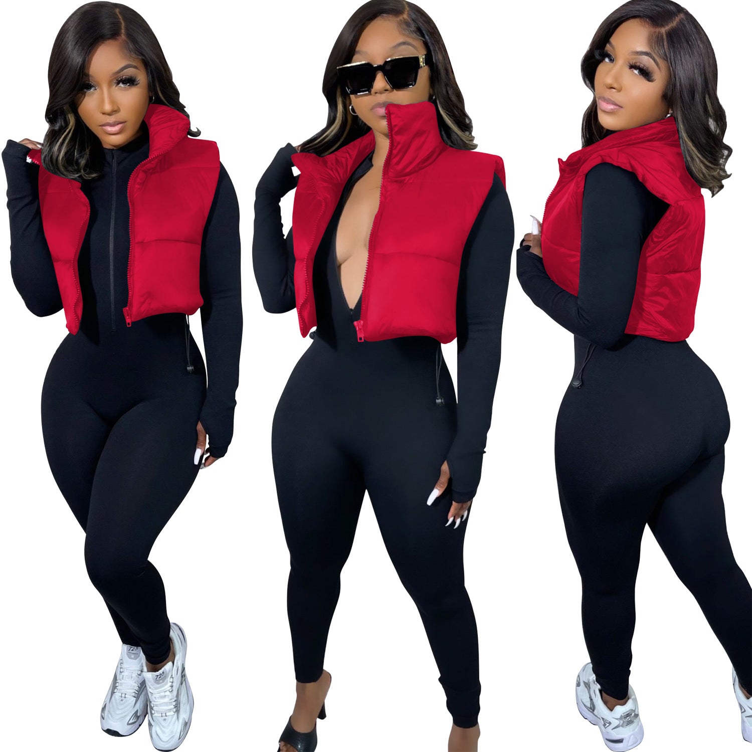 Women Solid Turn Down Collar Padded Vest 16