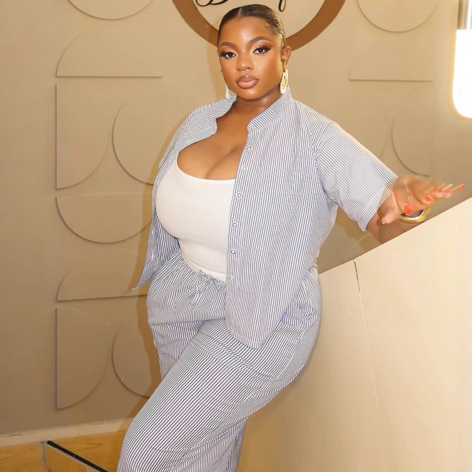 Africa Plus Size Fashion Casual Women Striped Turndown Collar Shirt Pants Trendy Two-piece Set