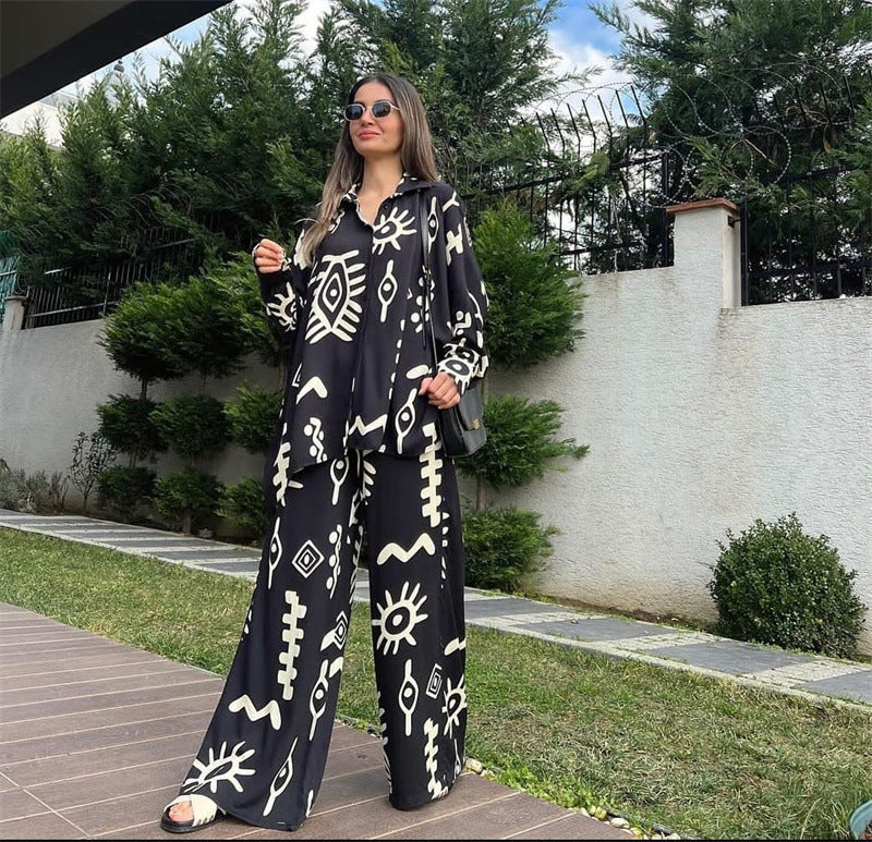Women's Fashionable Printed Loose Top High Waist Wide Leg Pants Two-Piece Set 9