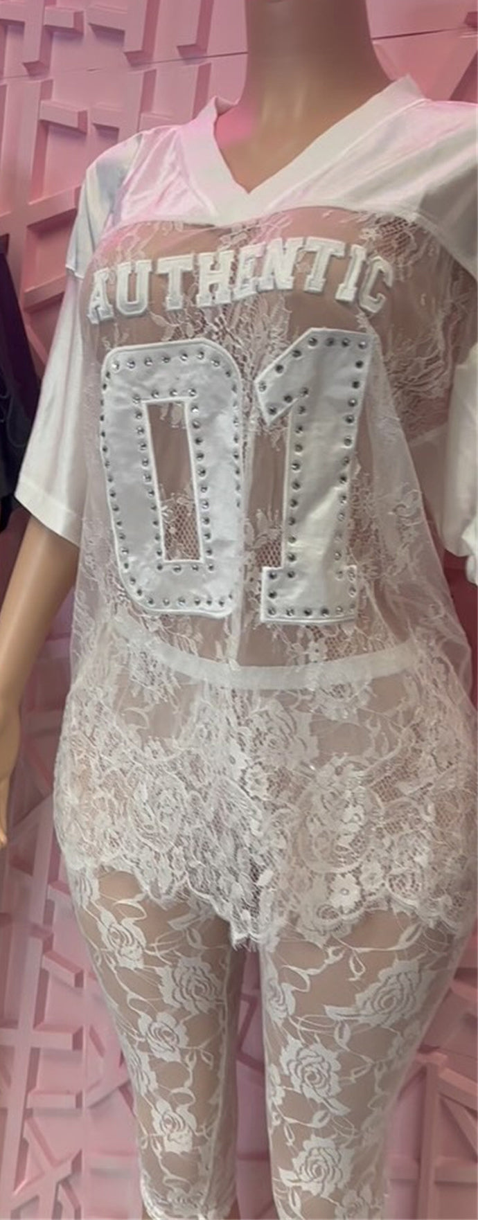 Patchwork Solid Color Embroidered Hollow Lace See-Through Sexy Short-Sleeved Top & Shorts Set 3