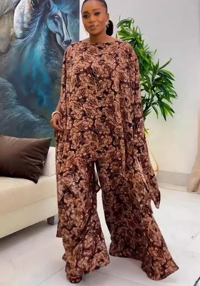 Sexy Printed Shawl Sleeveless Top Wide-Leg Loose Pants Two-Piece Set