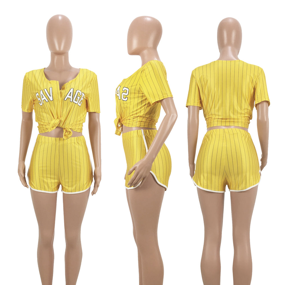 Women Sexy Women Striped Letter Baseball Top and Skirt Two-piece Set 35