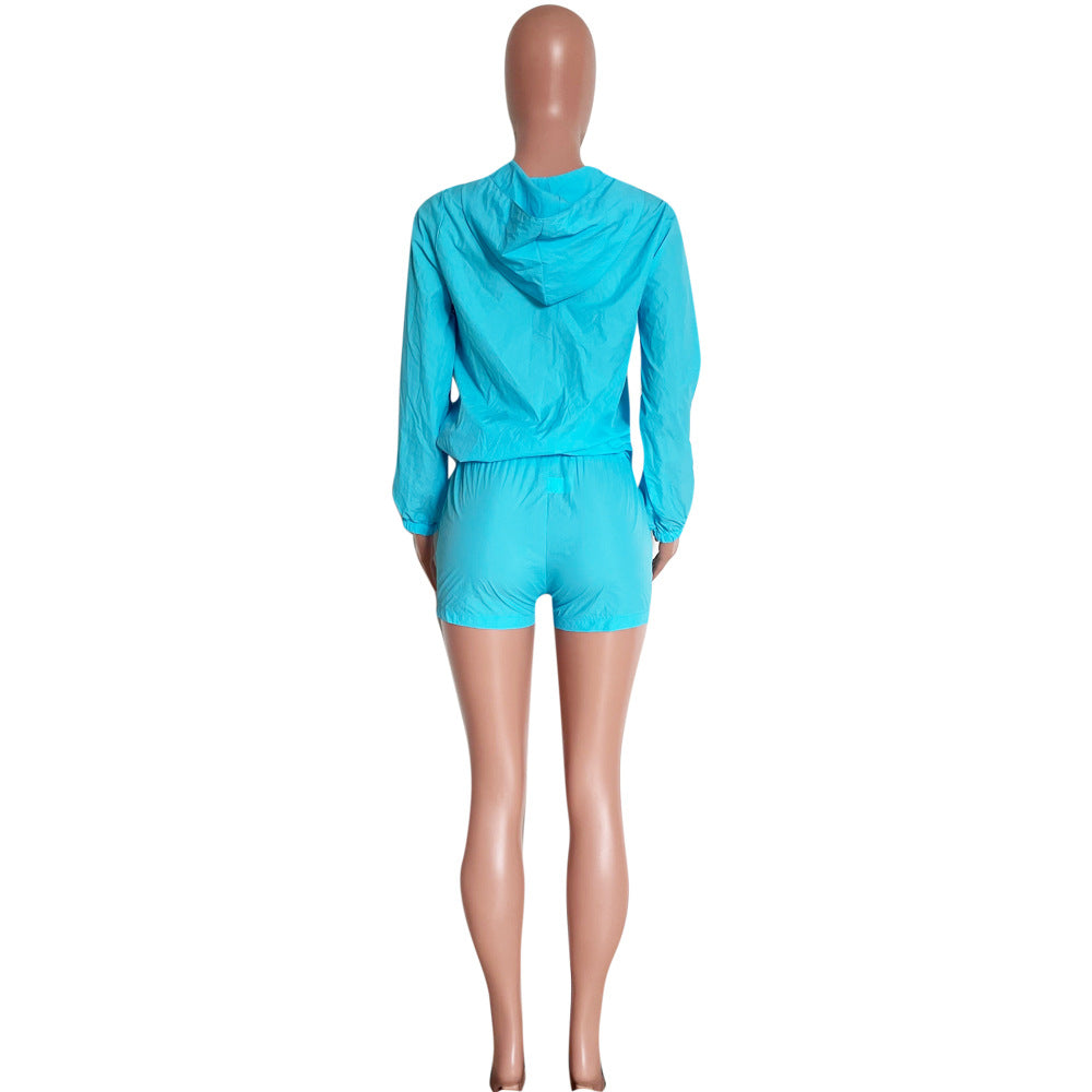 Women's Fashionable casual long sleeve sun protection Hooded Top and Shorts set 14