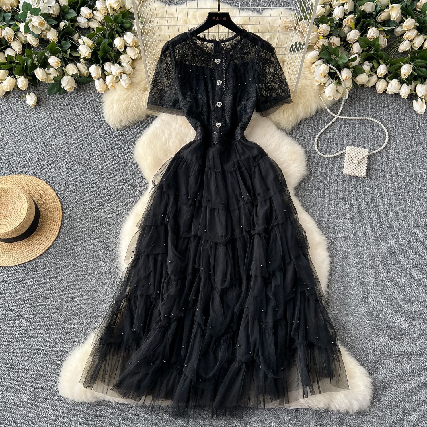 Women French Beaded Embroidered Short Sleeve Puffy Mesh Dress 3