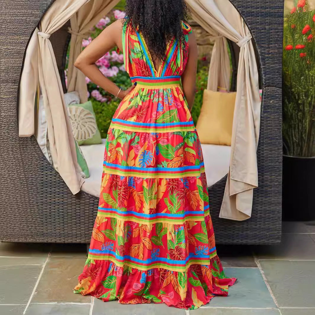 Plus Size Printed V-Neck Strap Maxi Dress